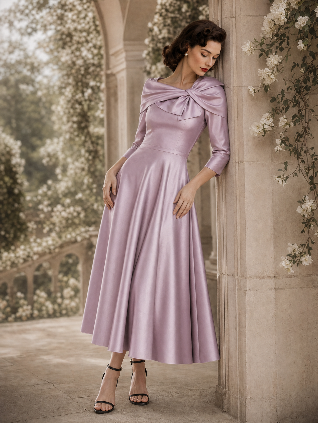 Vintage Bow Collar Gown Maxi Dress