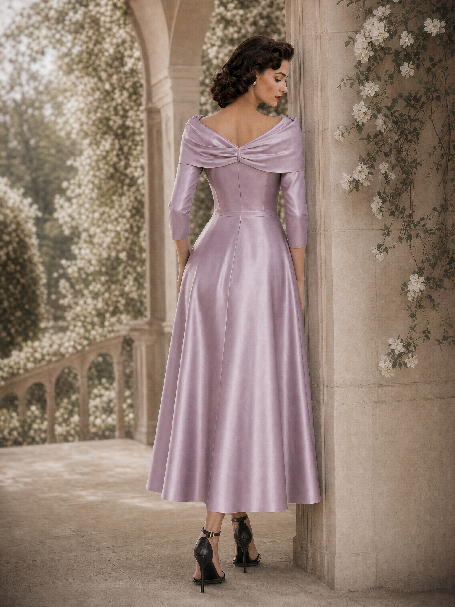 Vintage Bow Collar Gown Maxi Dress