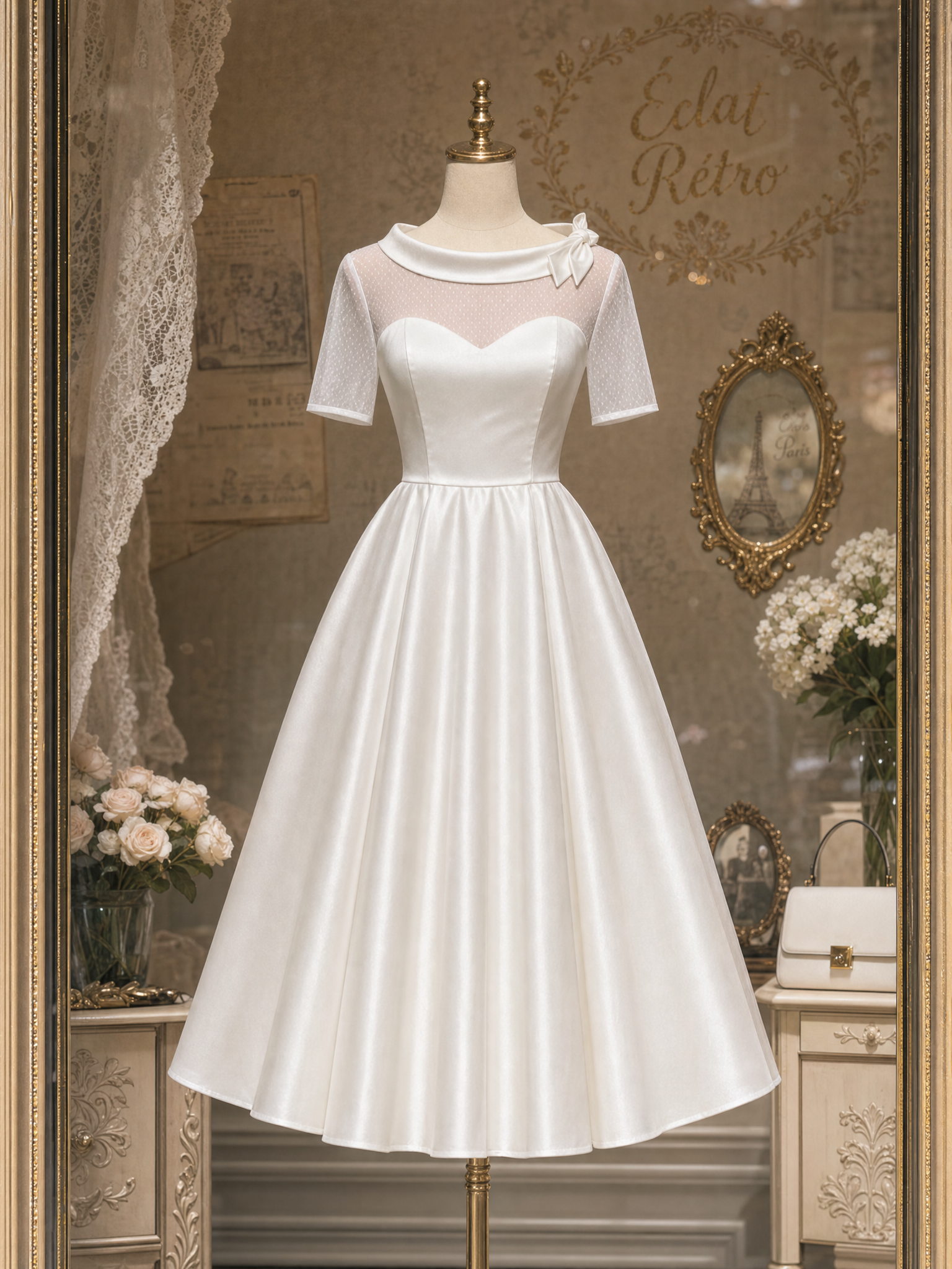 Vintage Bow Collar Tulle Spliced Satin Midi Dress