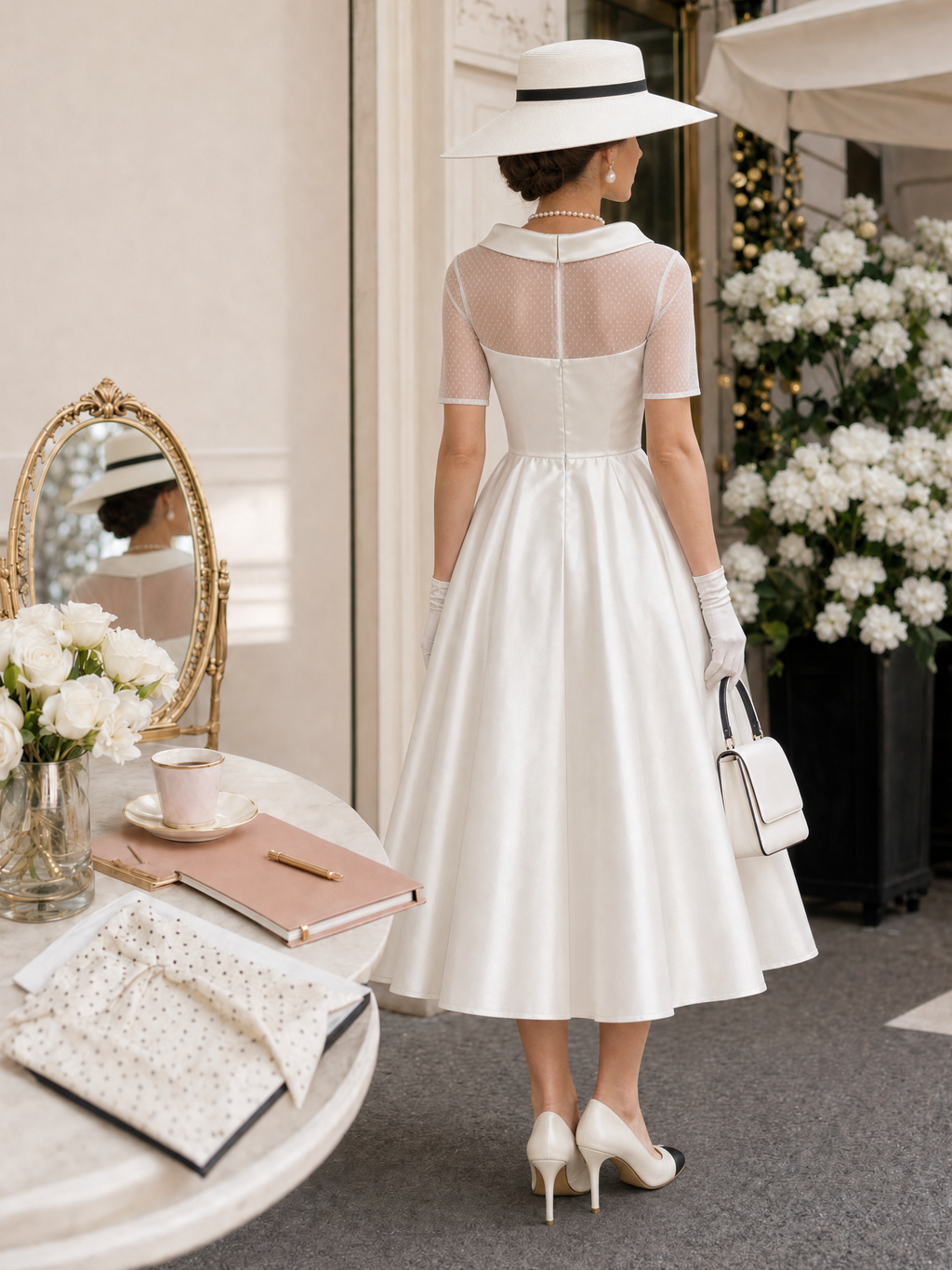 Vintage Bow Collar Tulle Spliced Satin Midi Dress