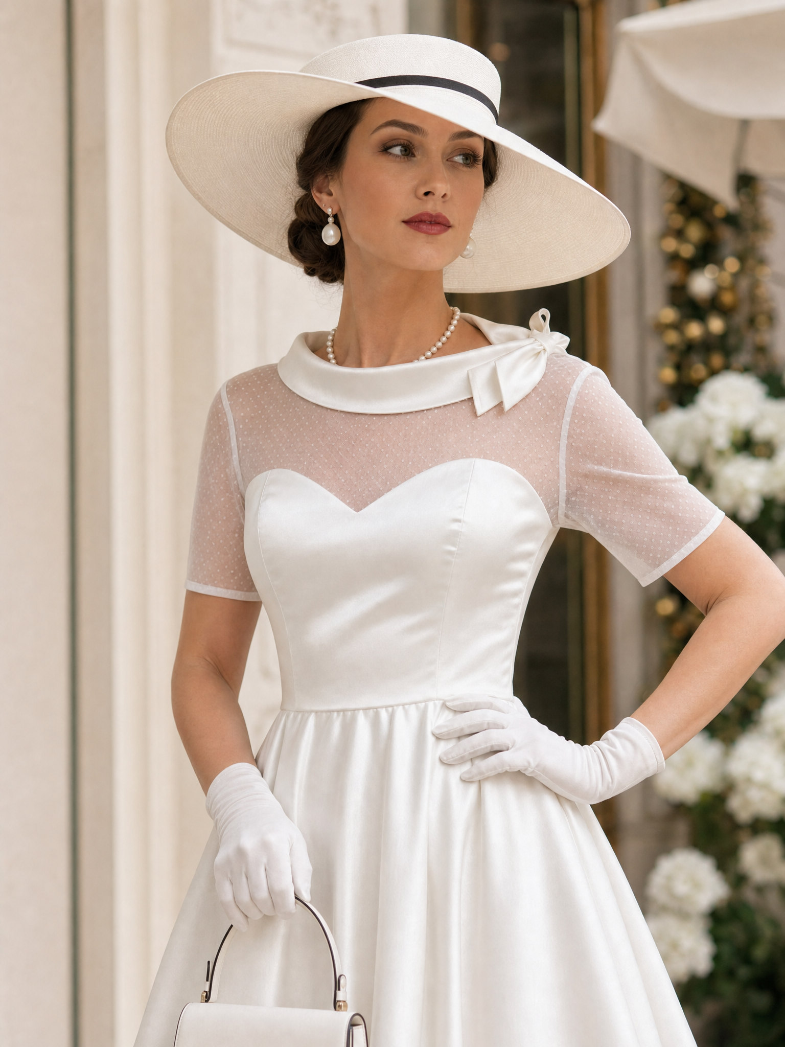 Vintage Bow Collar Tulle Spliced Satin Midi Dress