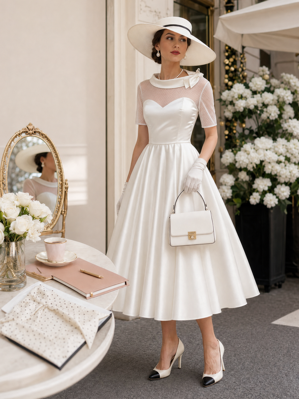 Vintage Bow Collar Tulle Spliced Satin Midi Dress