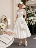 Vintage Bow Collar Tulle Spliced Satin Midi Dress