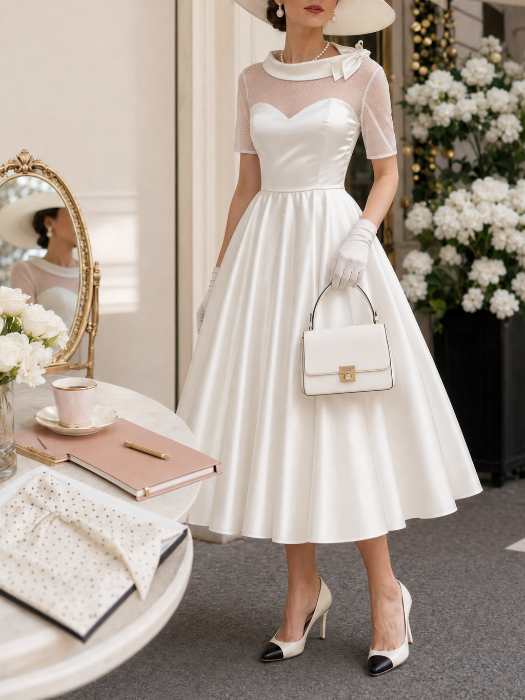 Vintage Bow Collar Tulle Spliced Satin Midi Dress