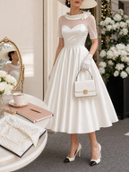 Vintage Bow Collar Tulle Spliced Satin Midi Dress