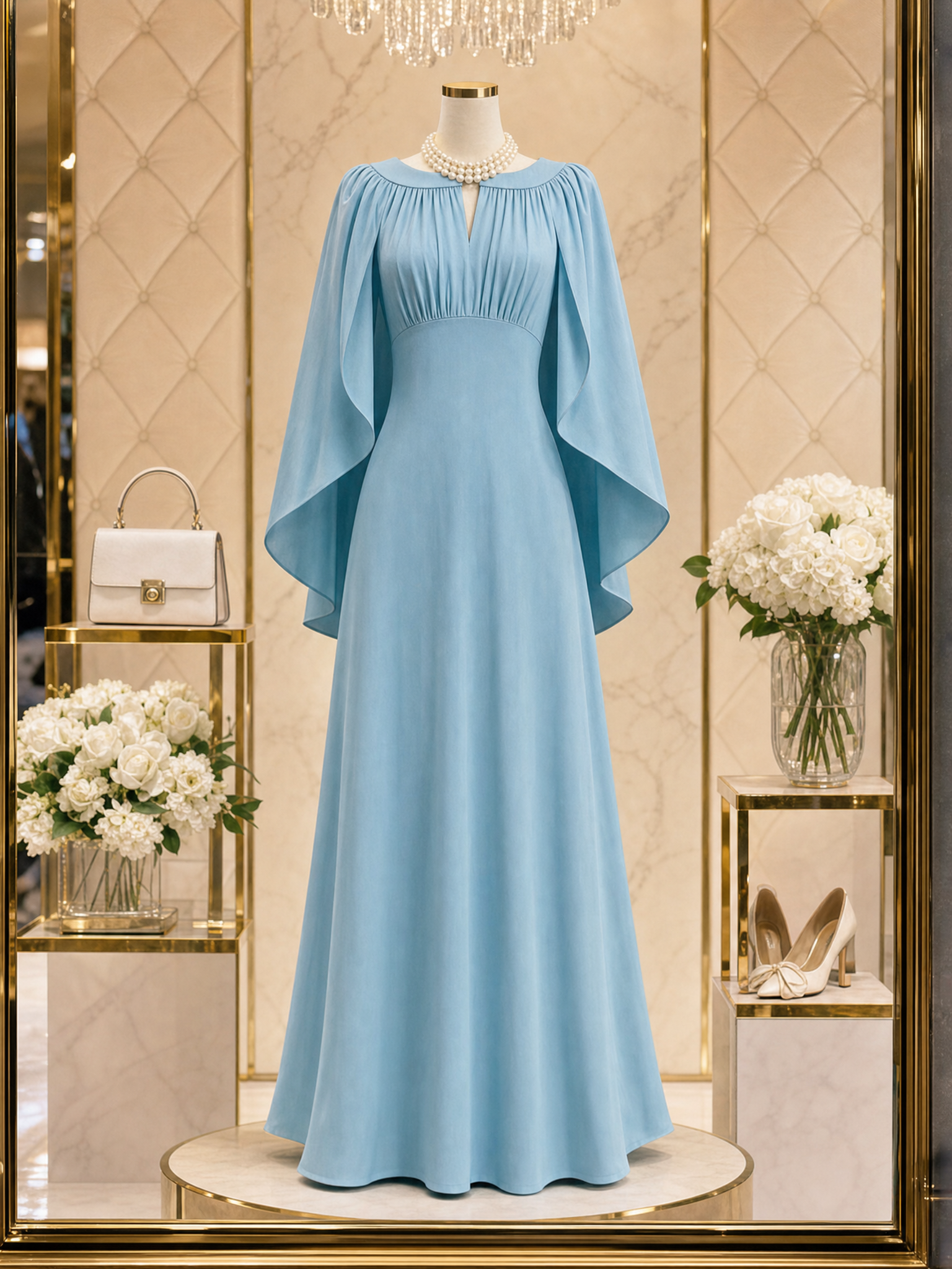 Vintage Pleated Shawl A-line Maxi Dress