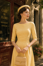 Vintage French Yellow Boat-Neck 3/4 Sleeve Midi Dress