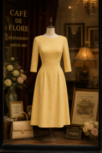 Vintage French Yellow Boat-Neck 3/4 Sleeve Midi Dress