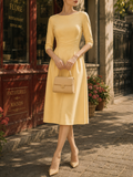Vintage French Yellow Boat-Neck 3/4 Sleeve Midi Dress
