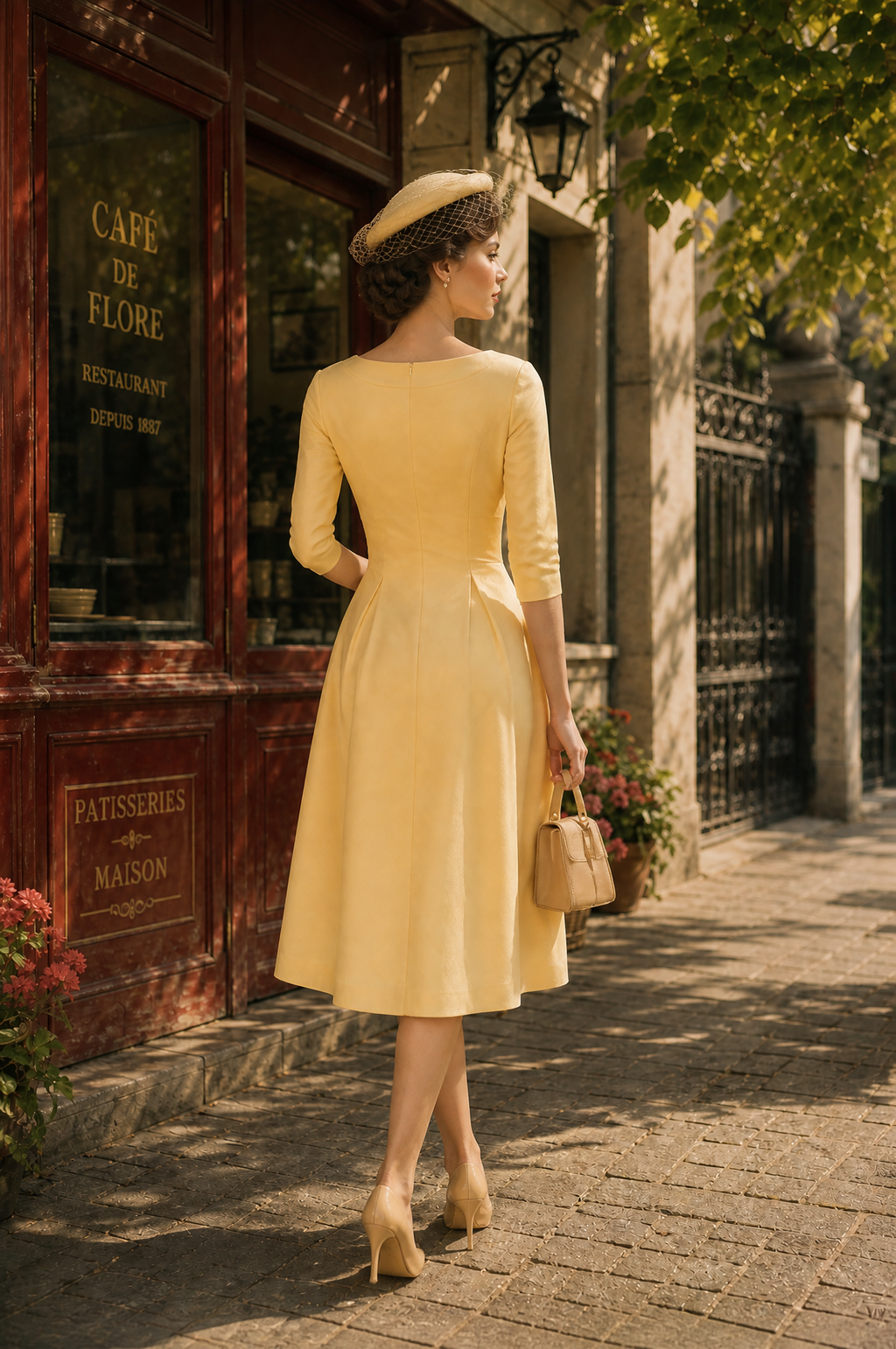 Vintage French Yellow Boat-Neck 3/4 Sleeve Midi Dress
