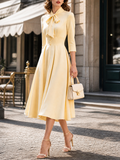 Elegant Butter-Yellow Bow-Tie Buttoned Waist Midi Dress