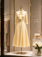 Elegant Butter-Yellow Bow-Tie Buttoned Waist Midi Dress