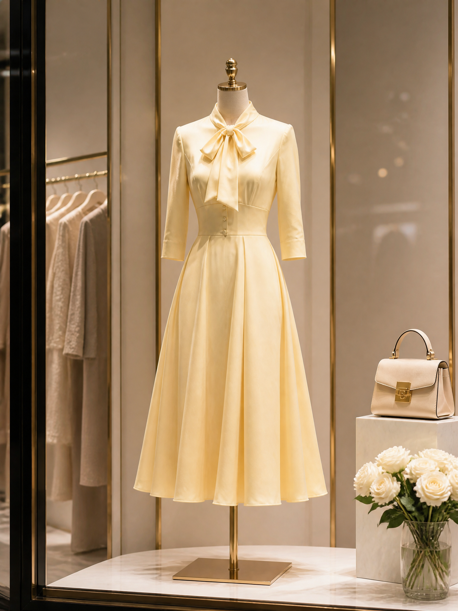 Elegant Butter-Yellow Bow-Tie Buttoned Waist Midi Dress