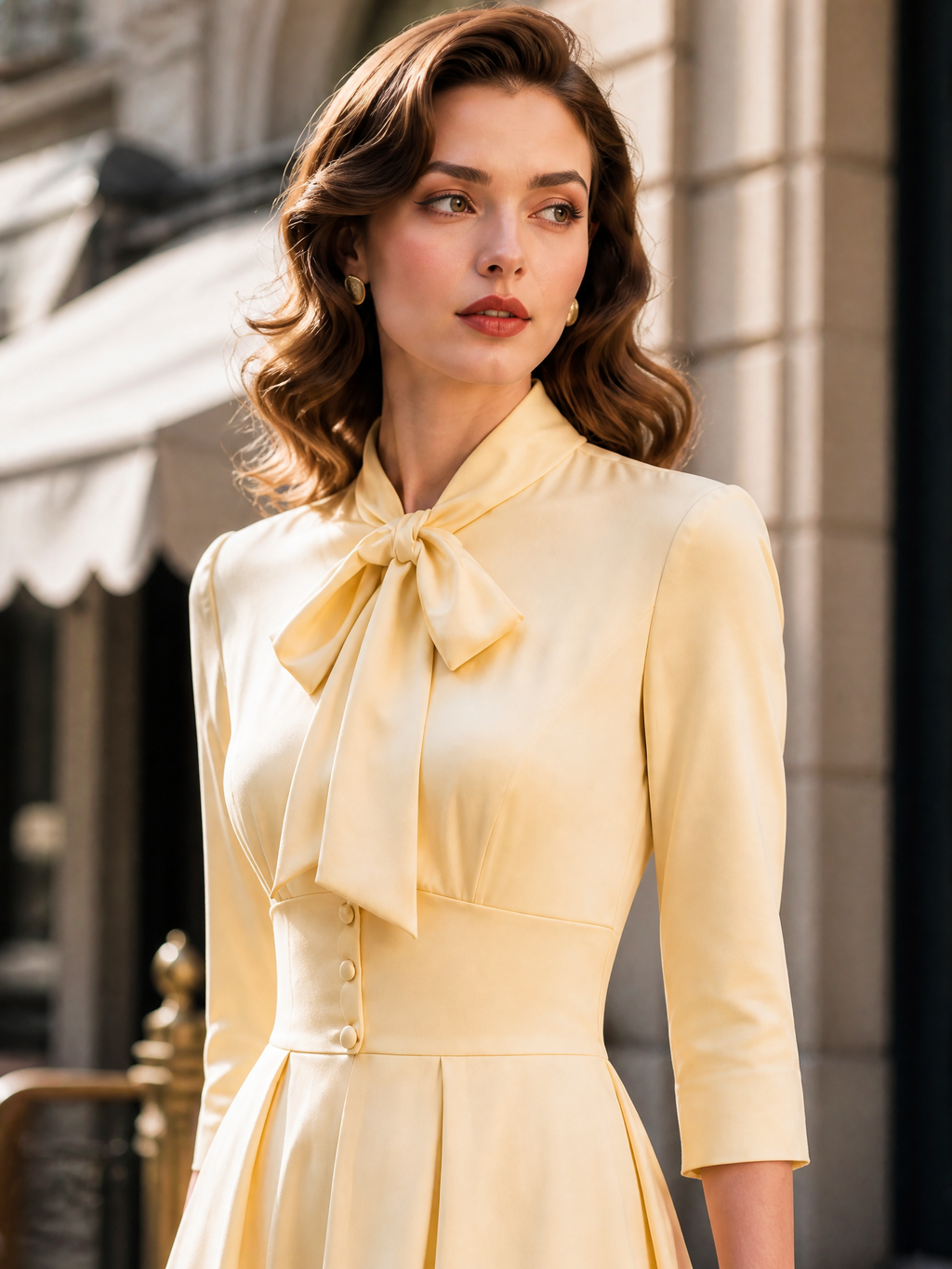 Elegant Butter-Yellow Bow-Tie Buttoned Waist Midi Dress