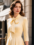 Elegant Butter-Yellow Bow-Tie Buttoned Waist Midi Dress