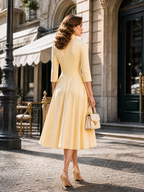 Elegant Butter-Yellow Bow-Tie Buttoned Waist Midi Dress