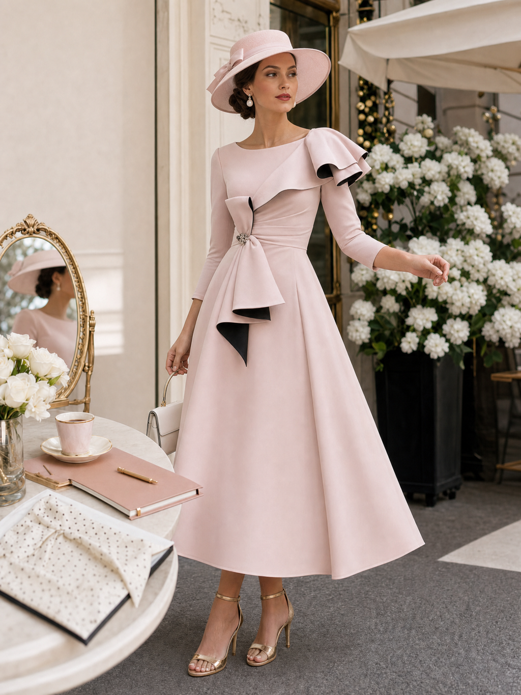 Vintage Ruffled Bow Evening Midi Dress