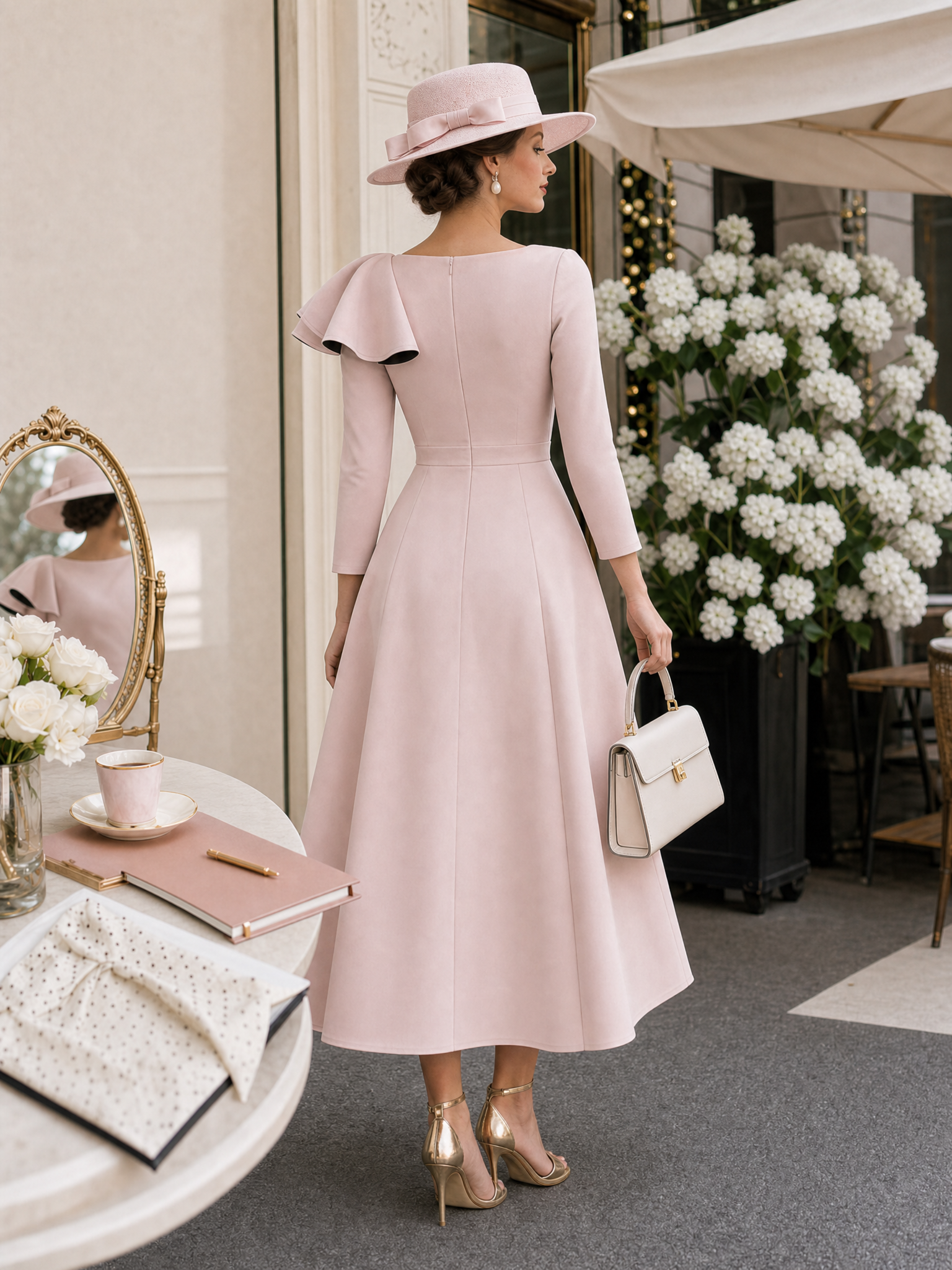 Vintage Ruffled Bow Evening Midi Dress