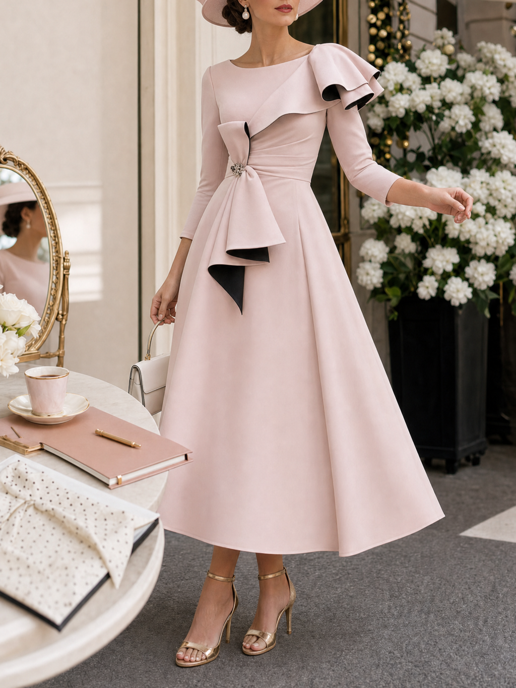 Vintage Ruffled Bow Evening Midi Dress