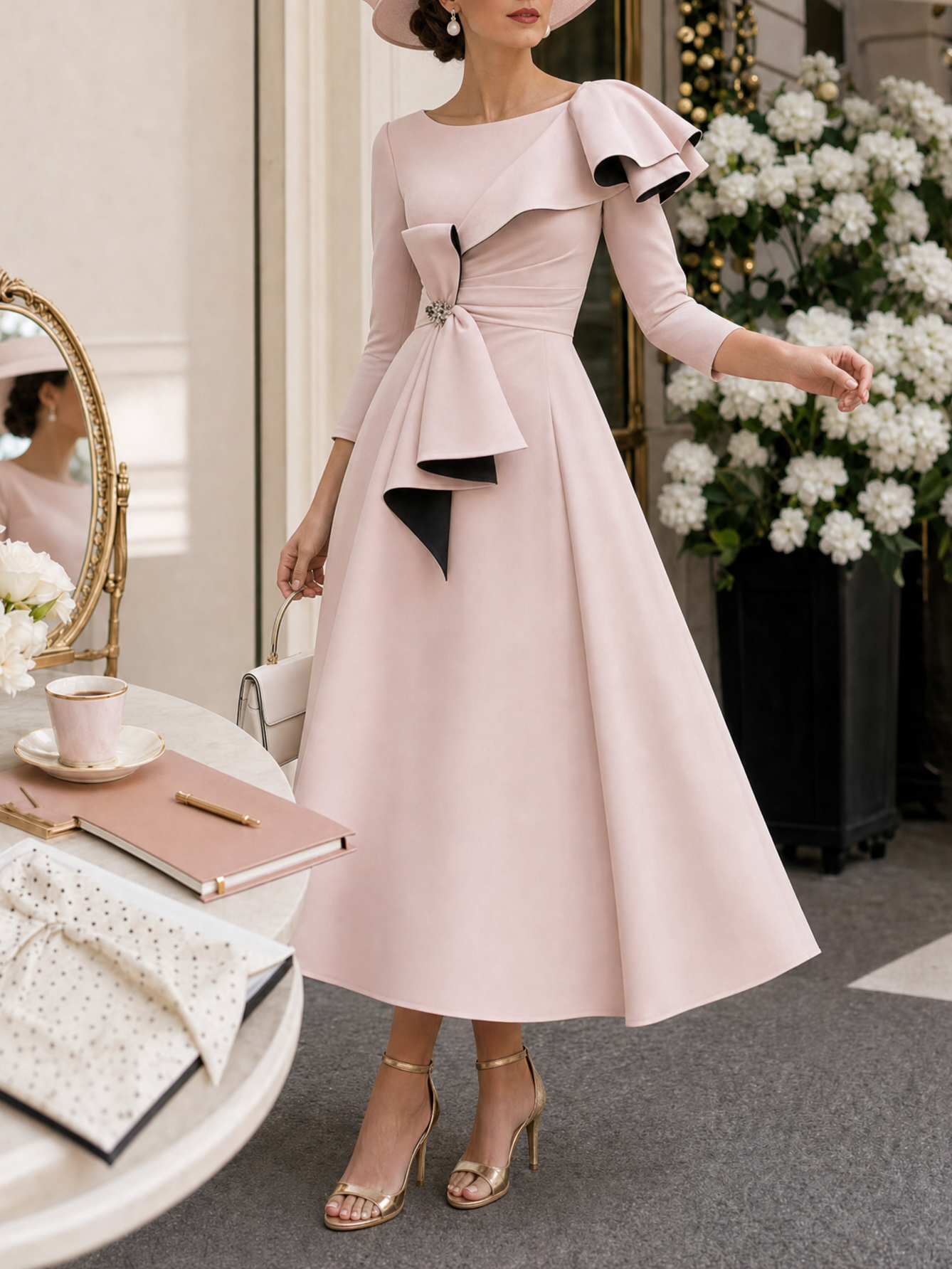 Vintage Ruffled Bow Evening Midi Dress