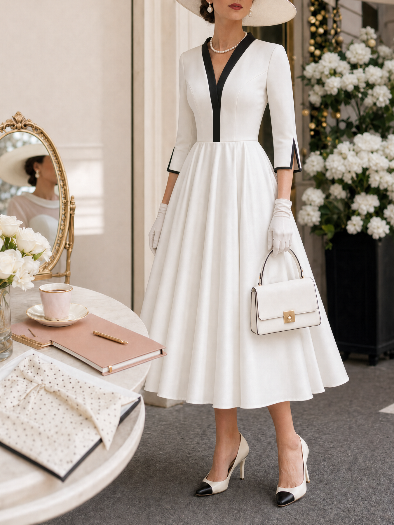 Vintage Colorblock V-Neck A-line Midi Dress