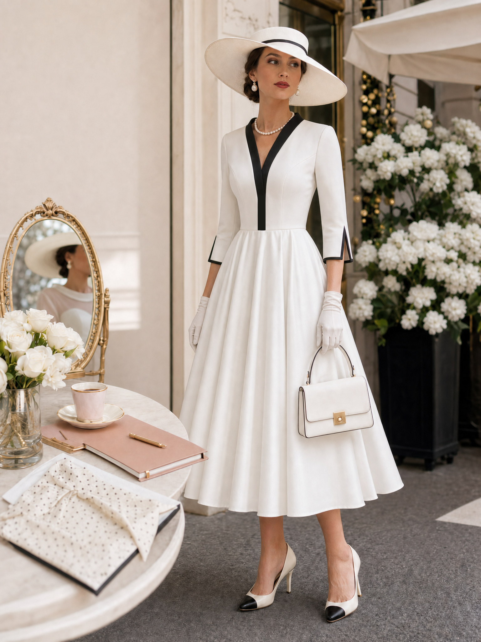 Vintage Colorblock V-Neck A-line Midi Dress