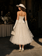 Vintage Hepburn Style Strapless Satin Embroidered Tulle Evening Dress