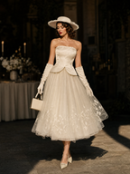 Vintage Hepburn Style Strapless Satin Embroidered Tulle Evening Dress
