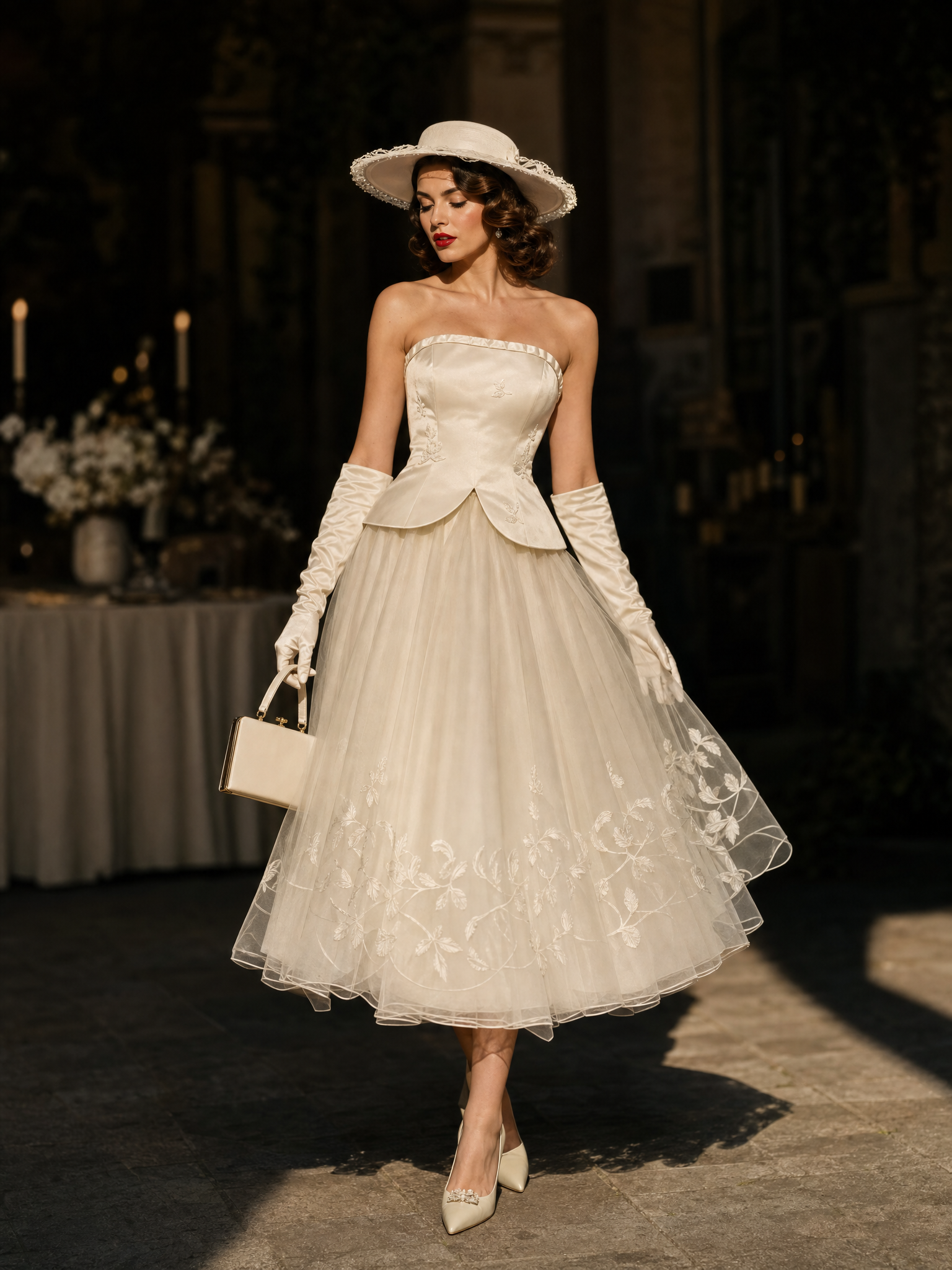 Vintage Hepburn Style Strapless Satin Embroidered Tulle Evening Dress