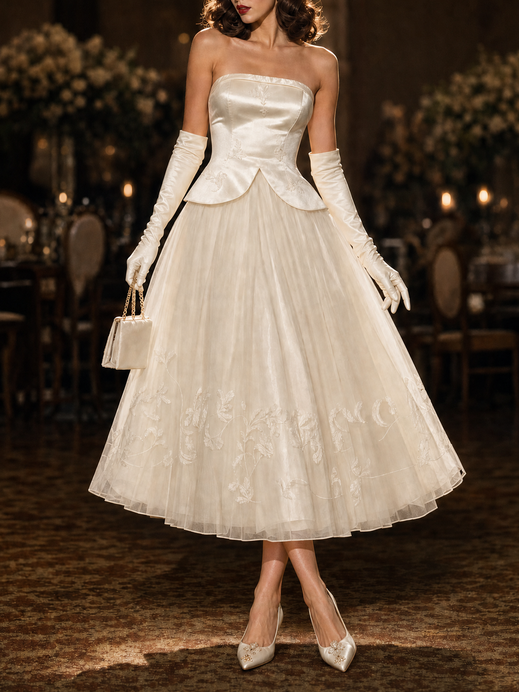 Vintage Hepburn Style Strapless Satin Embroidered Tulle Evening Dress