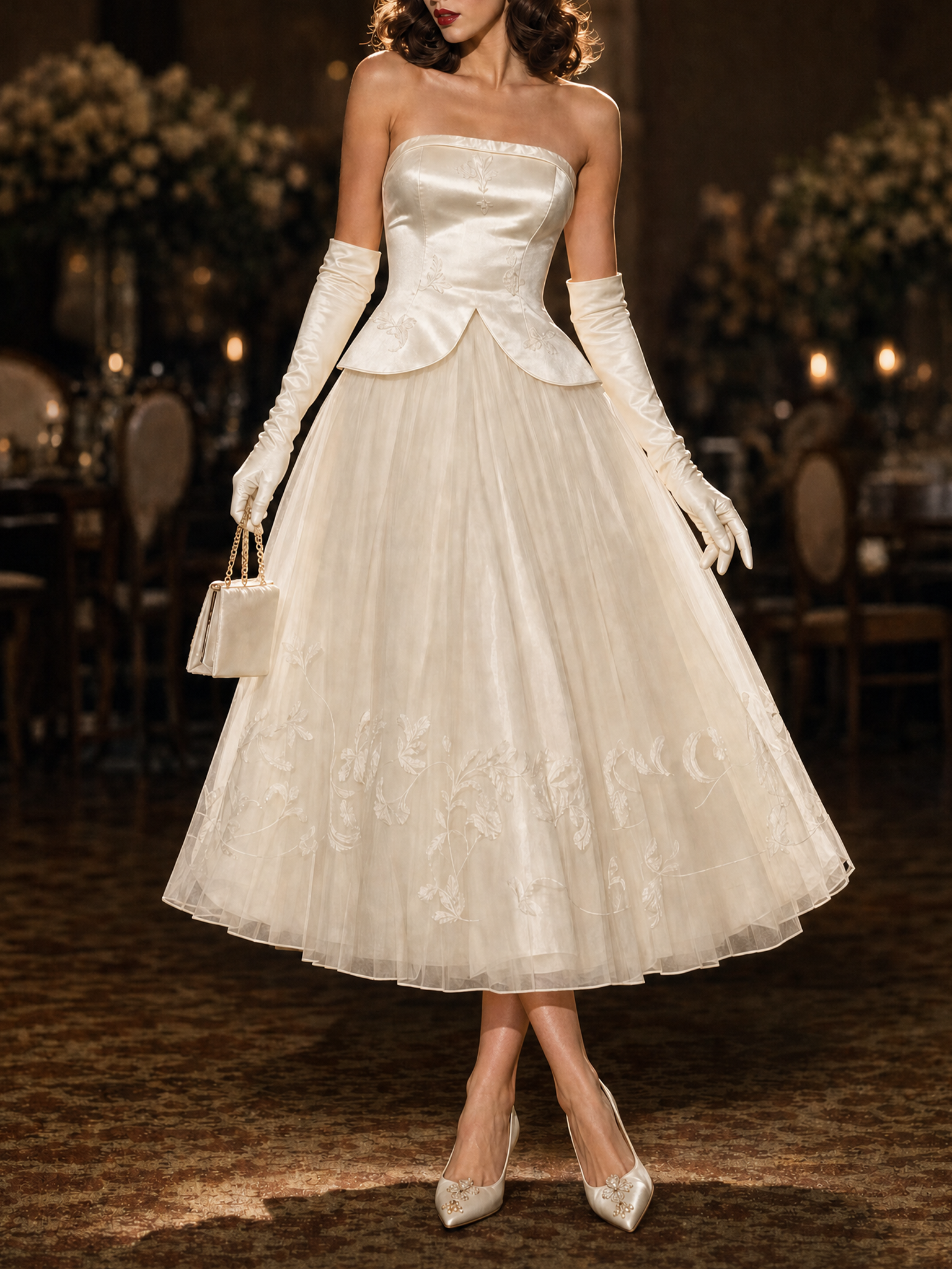 Vintage Hepburn Style Strapless Satin Embroidered Tulle Evening Dress