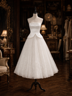 Vintage Hepburn Style Strapless Satin Embroidered Tulle Evening Dress