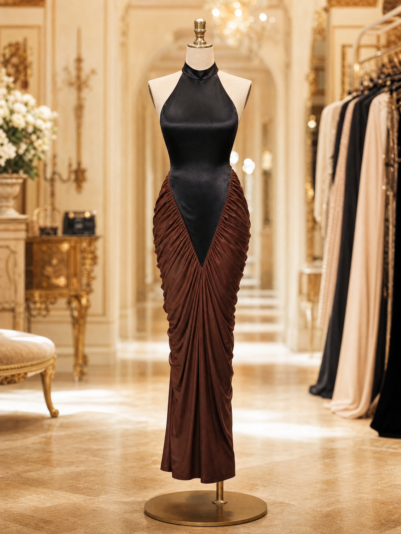 Vintage Halter Colorblock Satin Ruched Long Mermaid Evening Dress