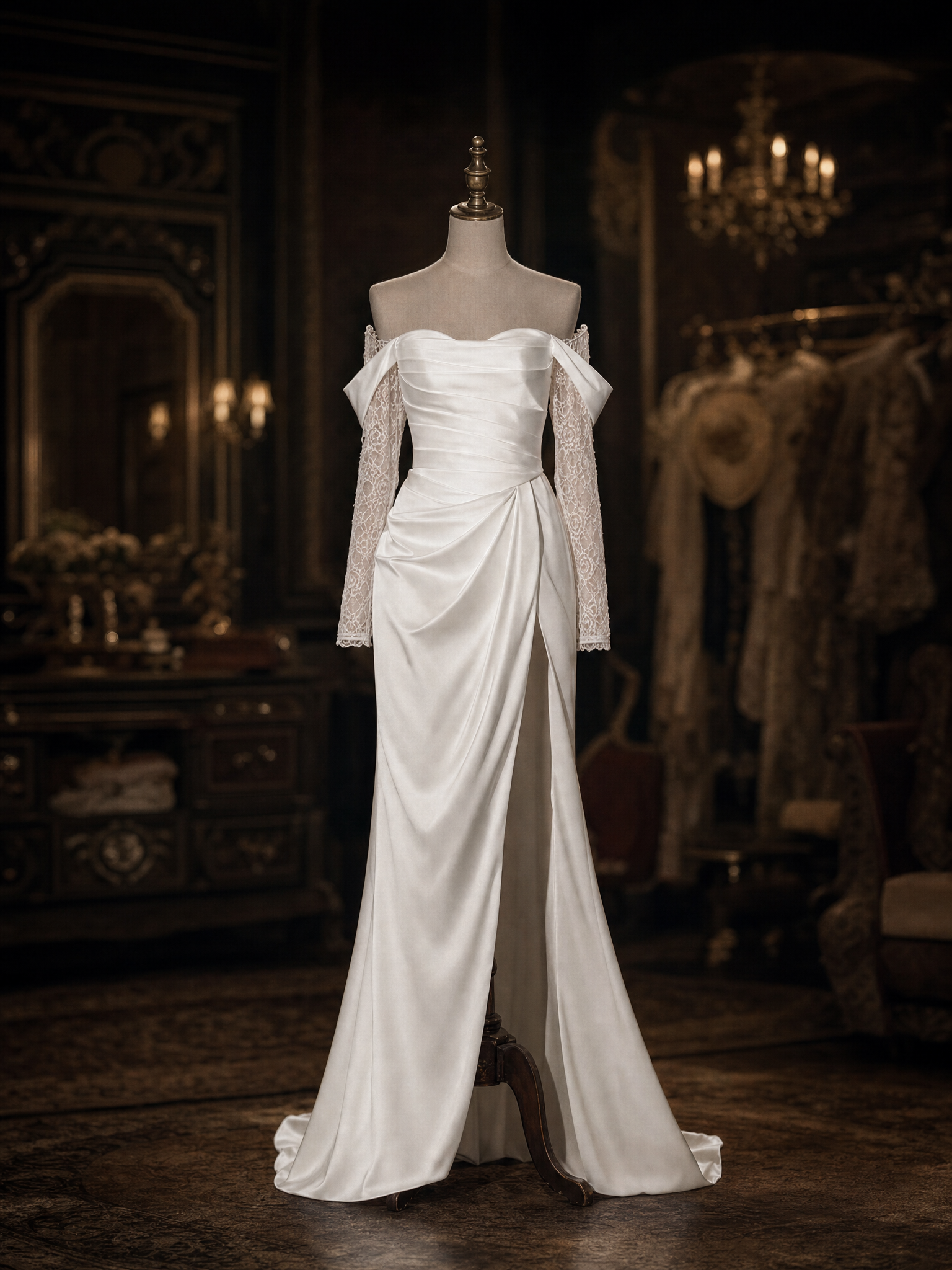 Vintage Lace Off Shoulder Satin Slit Mermaid Train Evening Dress