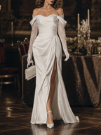 Vintage Lace Off Shoulder Satin Slit Mermaid Train Evening Dress