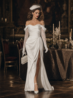 Vintage Lace Off Shoulder Satin Slit Mermaid Train Evening Dress