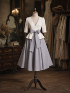 Vintage V-neck Mid-sleeve Ruffle Hem Striped Tie-waist Flared Skirt Sets