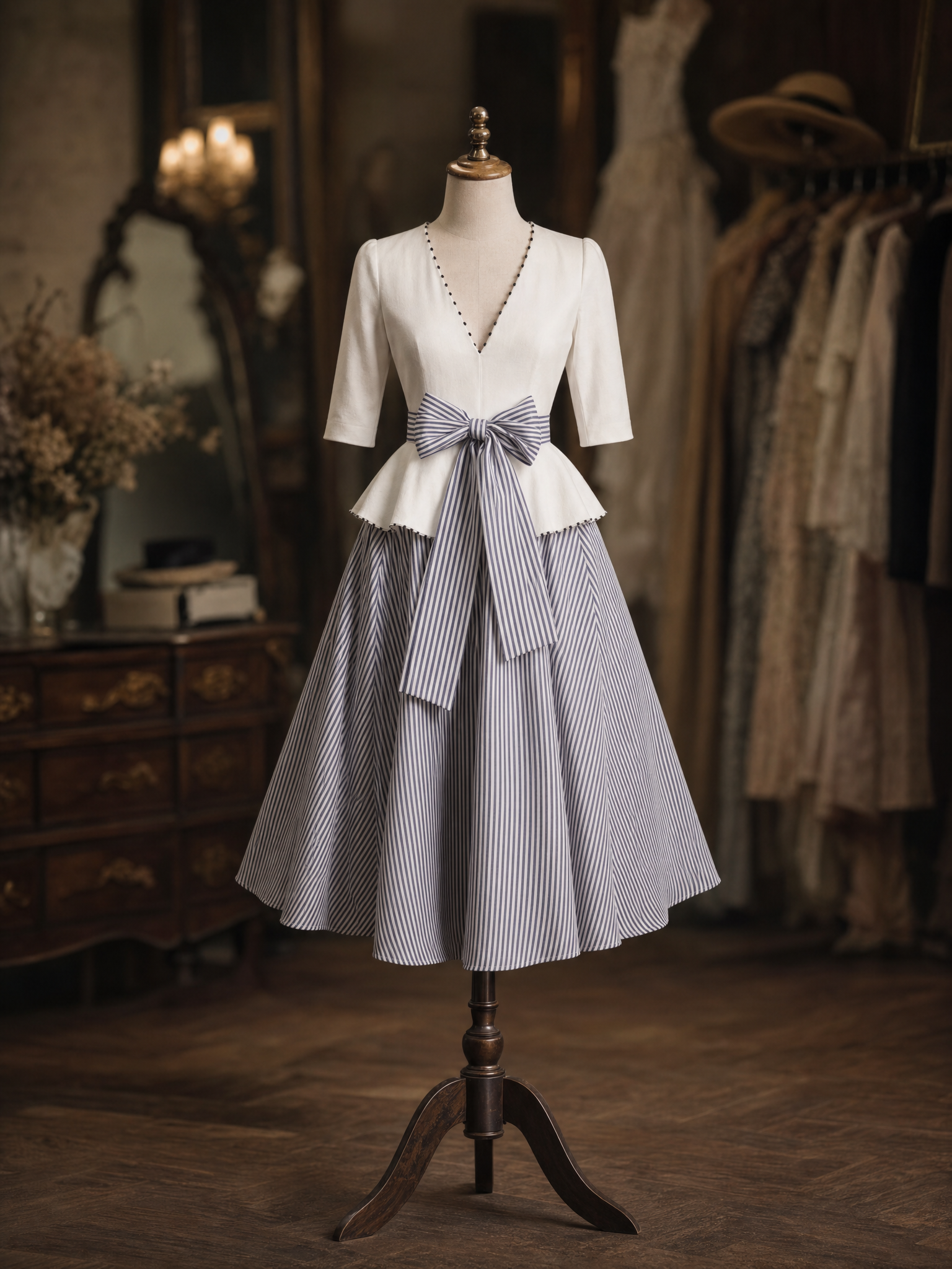 Vintage V-neck Mid-sleeve Ruffle Hem Striped Tie-waist Flared Skirt Sets