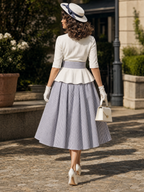 Vintage V-neck Mid-sleeve Ruffle Hem Striped Tie-waist Flared Skirt Sets