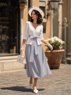 Vintage V-neck Mid-sleeve Ruffle Hem Striped Tie-waist Flared Skirt Sets