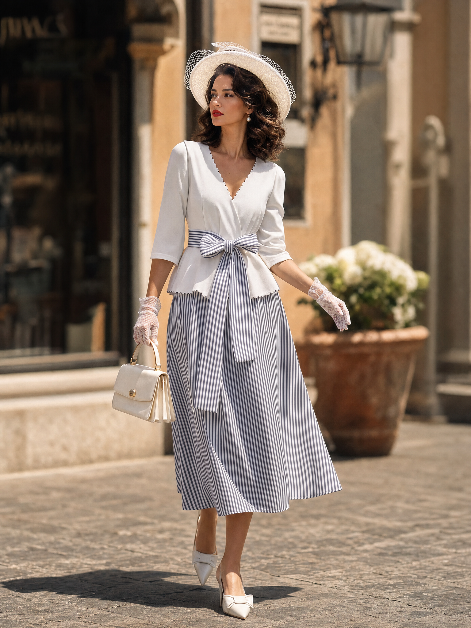 Vintage V-neck Mid-sleeve Ruffle Hem Striped Tie-waist Flared Skirt Sets