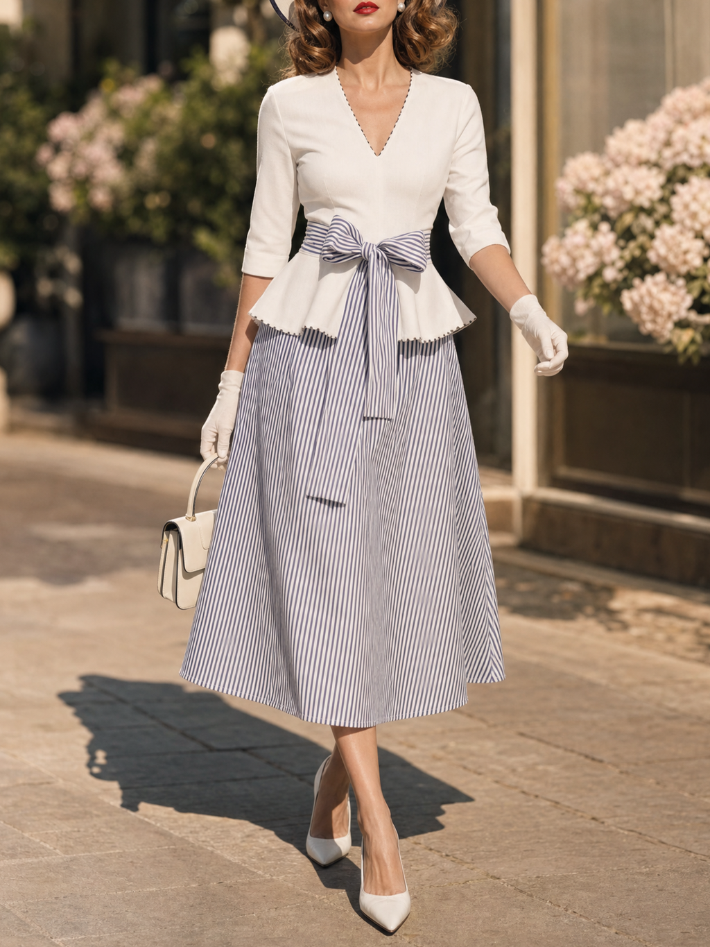 Vintage V-neck Mid-sleeve Ruffle Hem Striped Tie-waist Flared Skirt Sets