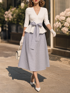 Vintage V-neck Mid-sleeve Ruffle Hem Striped Tie-waist Flared Skirt Sets