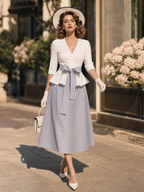 Vintage V-neck Mid-sleeve Ruffle Hem Striped Tie-waist Flared Skirt Sets