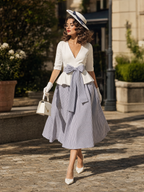 Vintage V-neck Mid-sleeve Ruffle Hem Striped Tie-waist Flared Skirt Sets