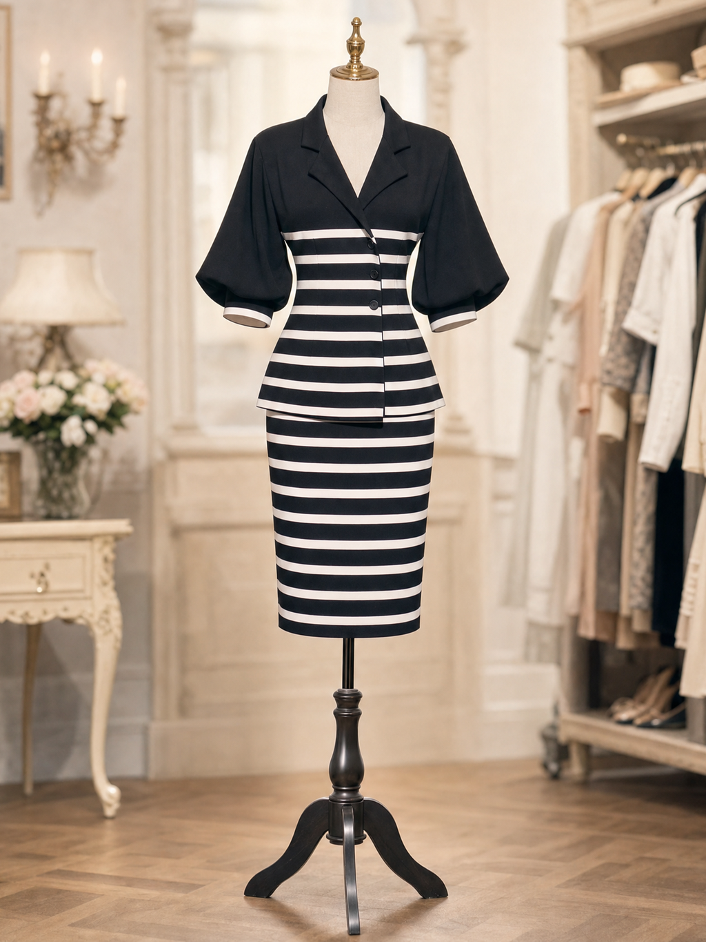 Vintage Blazer Collar Puff Sleeve Striped Top & Pencil Skirt Sets