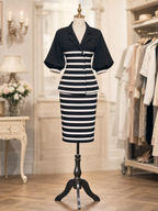 Vintage Blazer Collar Puff Sleeve Striped Top & Pencil Skirt Sets