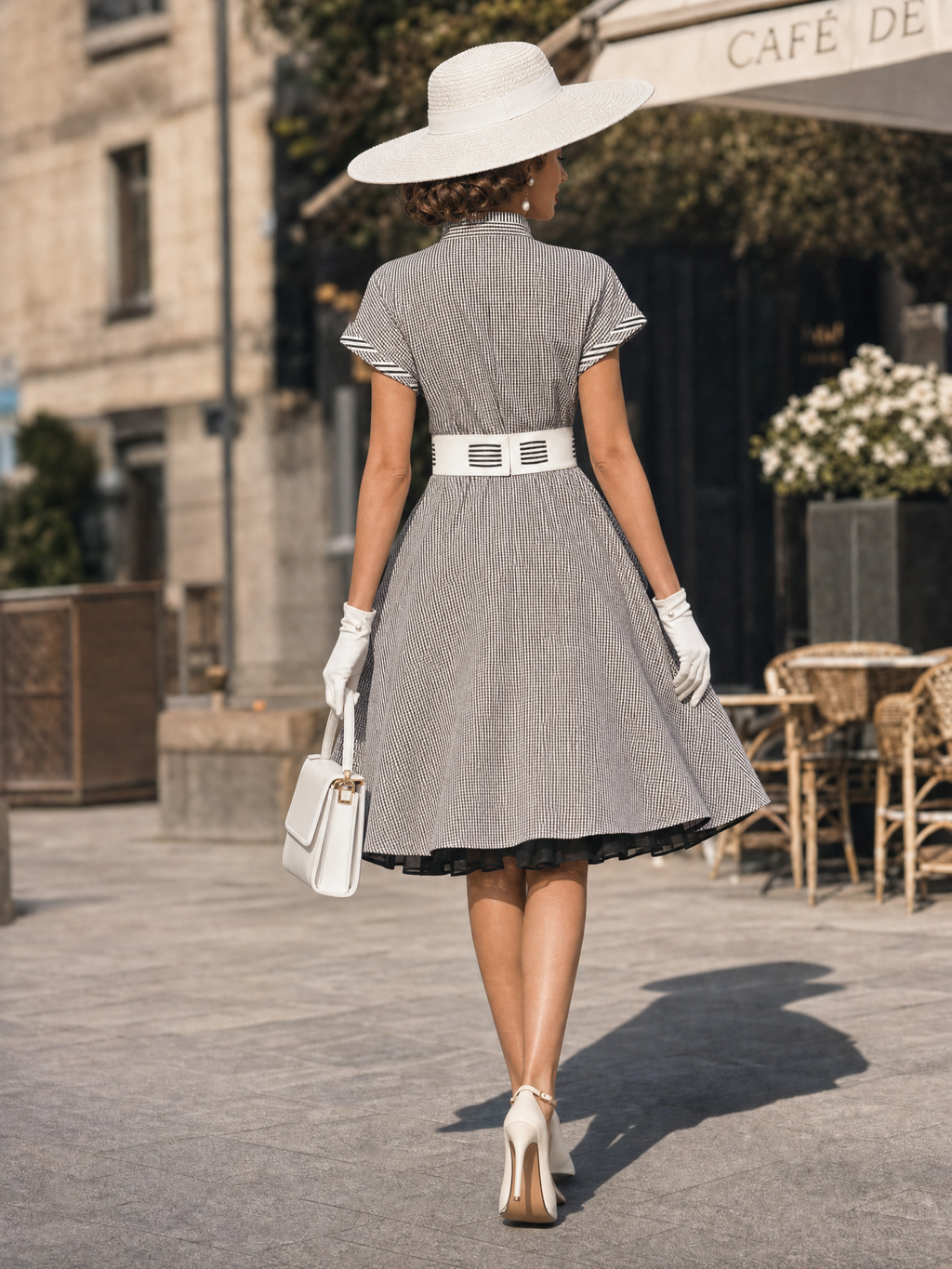 Vintage Stand Collar Gingham Short Sleeve A-Line Midi Dress
