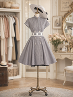 Vintage Stand Collar Gingham Short Sleeve A-Line Midi Dress
