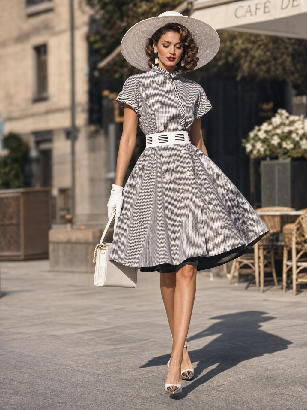 Vintage Stand Collar Gingham Short Sleeve A-Line Midi Dress